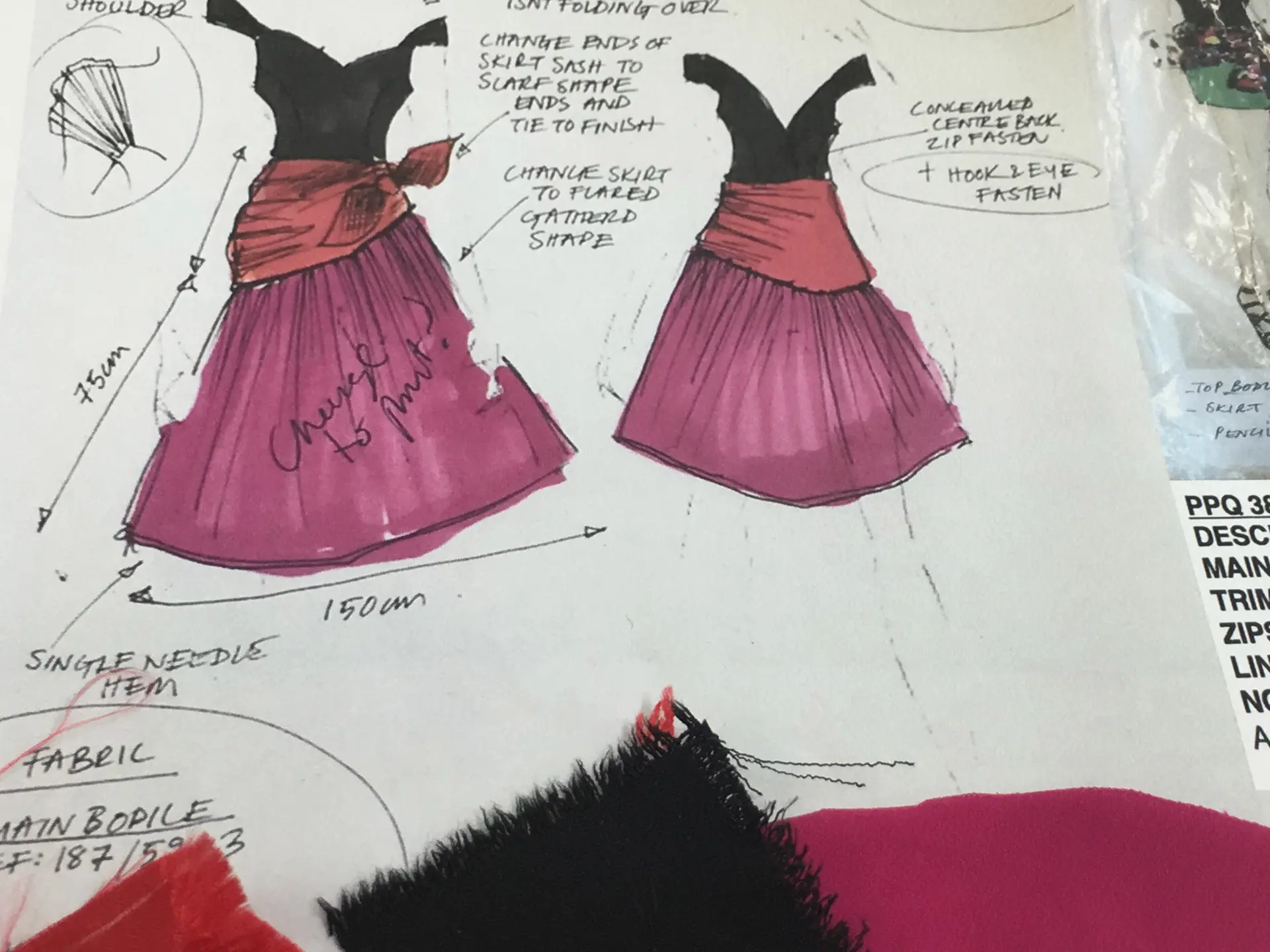 Fashion design sketches of two pink dresses with fabric swatches at CMT Studio London