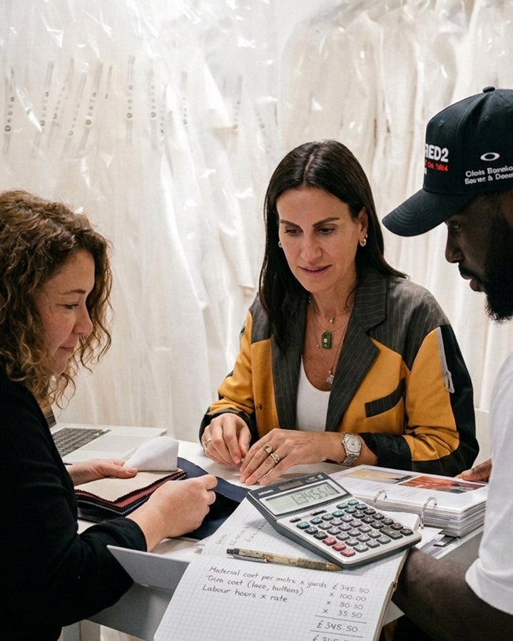 Designer and CMT Studio London team working through garment costing with fabric swatches